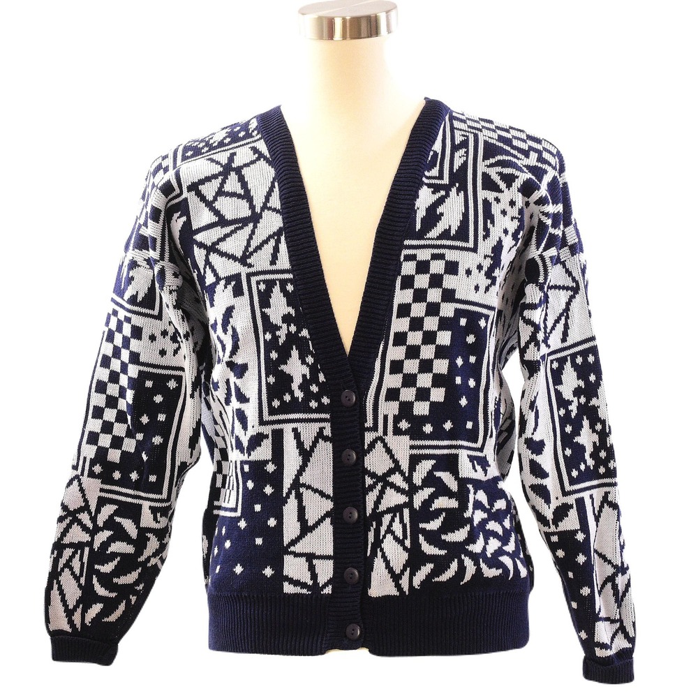 80s Vintage Geometric Knit Cardigan Mens L Blue White Abstract Oversized Sweater